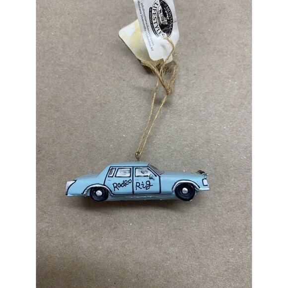 Montana Lifestyles Christmas Ornament Blue Rodeo Rig Car with Bullhorns Western - Picture 6 of 6